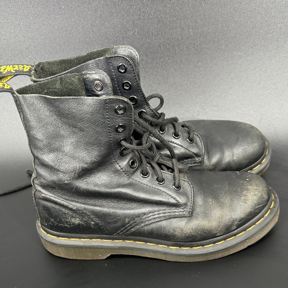 Doc Marten Black Leather Lace-Up Combat Boots with Yellow Stitching